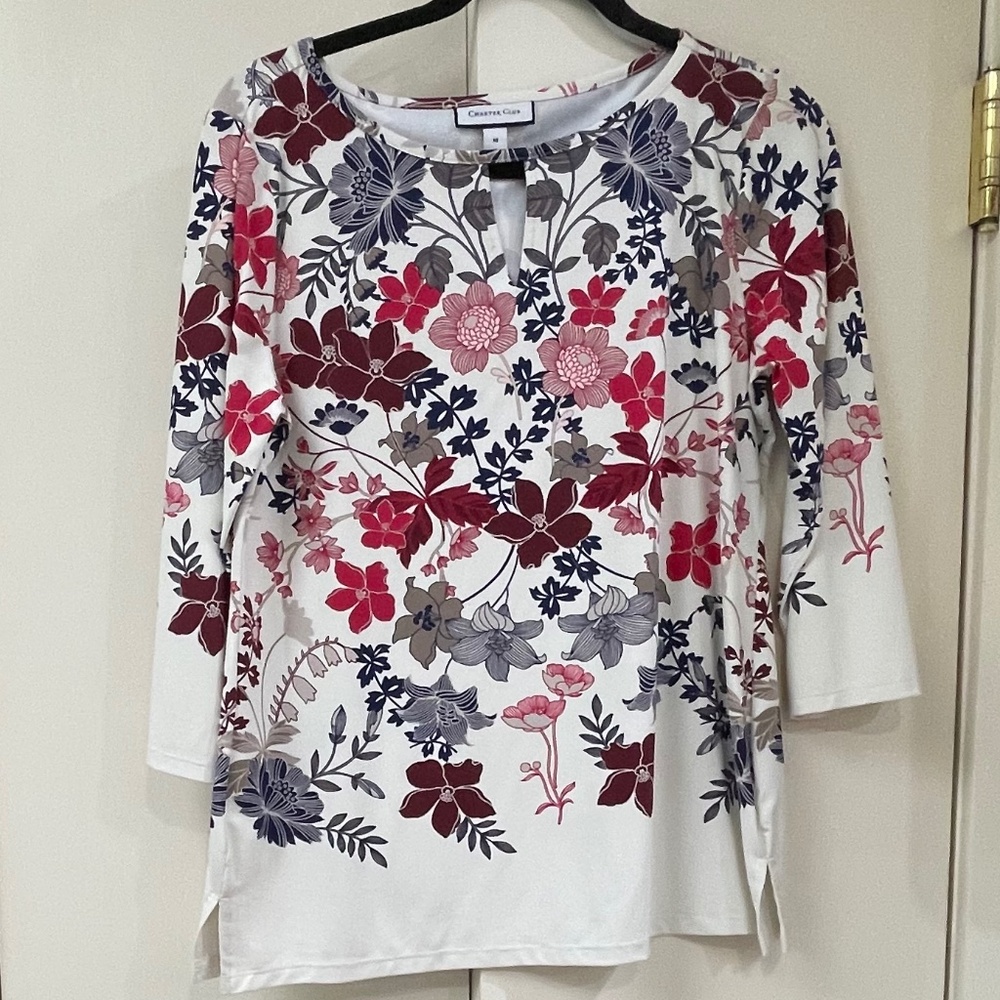 Charter Club Long-Sleeve Formal Blouse White Floral Print & Keyhole
